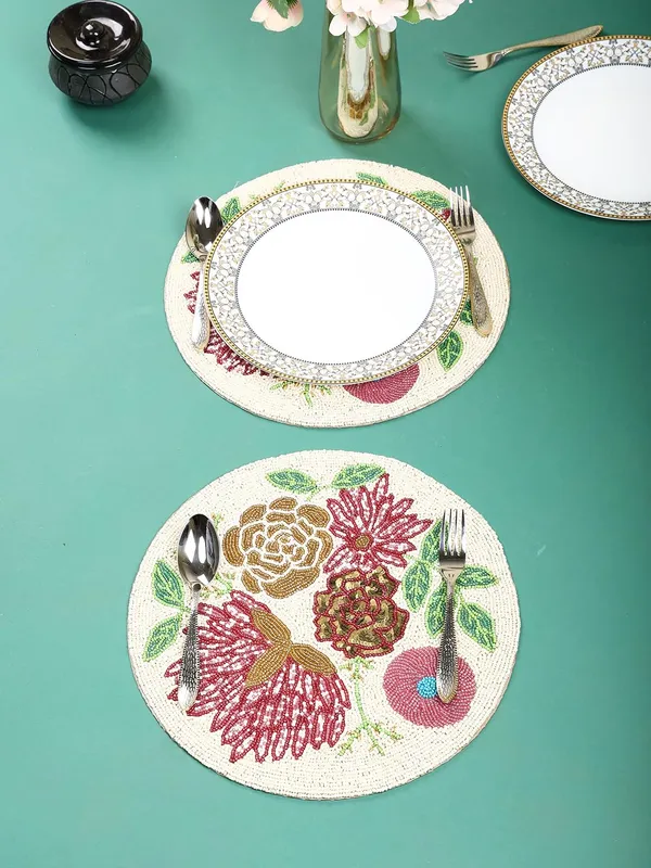 Firozi_Poleyster_Placemats,_Beaded_Design,14_Inch_Gulmohar_Floral_Pattern,_Best_For_Bed-Side_Table/Center_Table,_Dining_Table/Shelves_Pack_Of_2