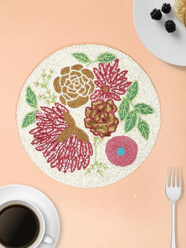 Firozi_Poleyster_Placemats,_Beaded_Design,14_Inch_Gulmohar_Floral_Pattern,_Best_For_Bed-Side_Table/Center_Table,_Dining_Table/Shelves_Pack_Of_2