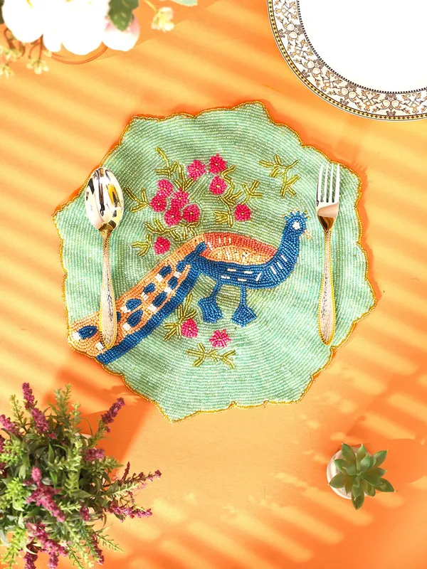 Firozi_Poleyster_Placemats,_Beaded_Design,14_Inch_Peacock_Pattern,_Best_For_Bed-Side_Table/Center_Table,_Dining_Table/Shelves