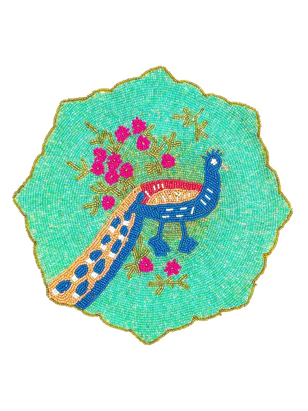 Firozi_Poleyster_Placemats,_Beaded_Design,14_Inch_Peacock_Pattern,_Best_For_Bed-Side_Table/Center_Table,_Dining_Table/Shelves