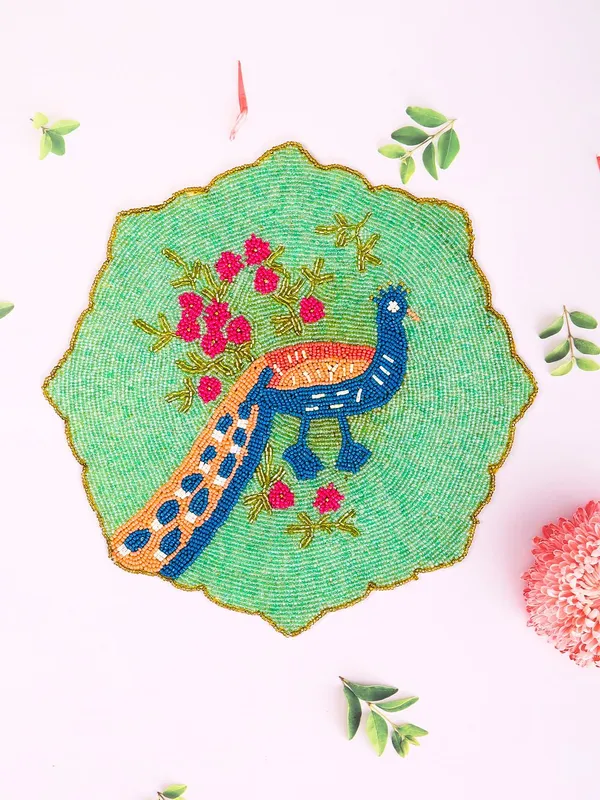 Firozi_Poleyster_Placemats,_Beaded_Design,14_Inch_Peacock_Pattern,_Best_For_Bed-Side_Table/Center_Table,_Dining_Table/Shelves