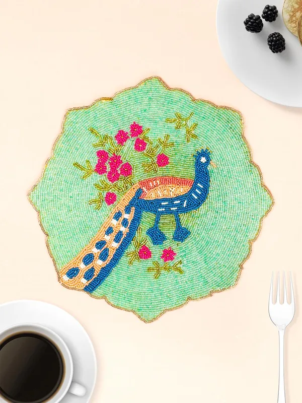 Firozi_Poleyster_Placemats,_Beaded_Design,14_Inch_Peacock_Pattern,_Best_For_Bed-Side_Table/Center_Table,_Dining_Table/Shelves