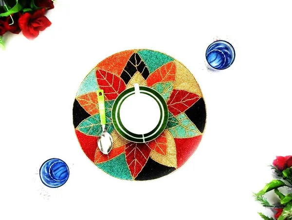 Multicolor_Poleyster_Placemats,_Beaded_Design,14_Inch_Multicolor_Leaves_Round_Pattern,_Best_For_Bed-Side_Table/Center_Table,_Dining_Table/Shelves