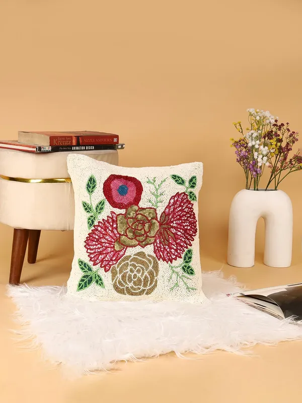 Multicolor_Printed_100%_Beaded_Cushion_Covers_Pillowcases_16X16_Inches_(40X40_Cms)_Throw_Pillow_Sham_Floral_Cushions_For_Sofa_Couch_Bed_Chair_Pack_Of_1_White_Base_Floral_Pattern