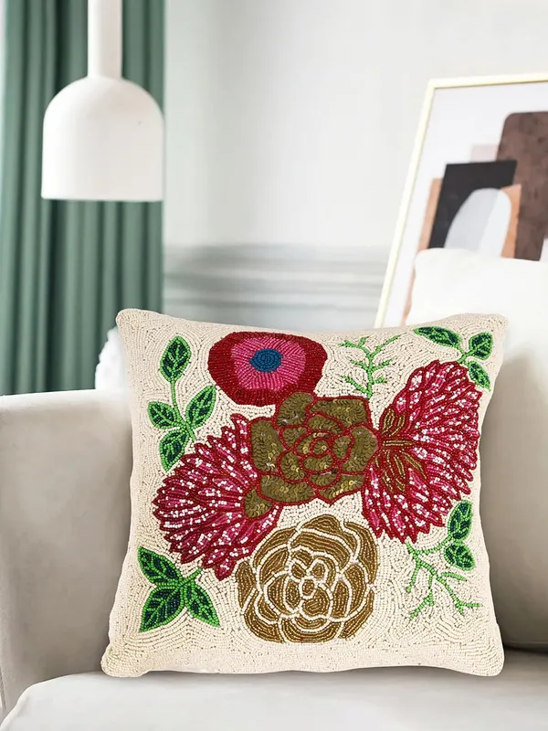 Multicolor_Printed_100%_Beaded_Cushion_Covers_Pillowcases_16X16_Inches_(40X40_Cms)_Throw_Pillow_Sham_Floral_Cushions_For_Sofa_Couch_Bed_Chair_Pack_Of_1_White_Base_Floral_Pattern