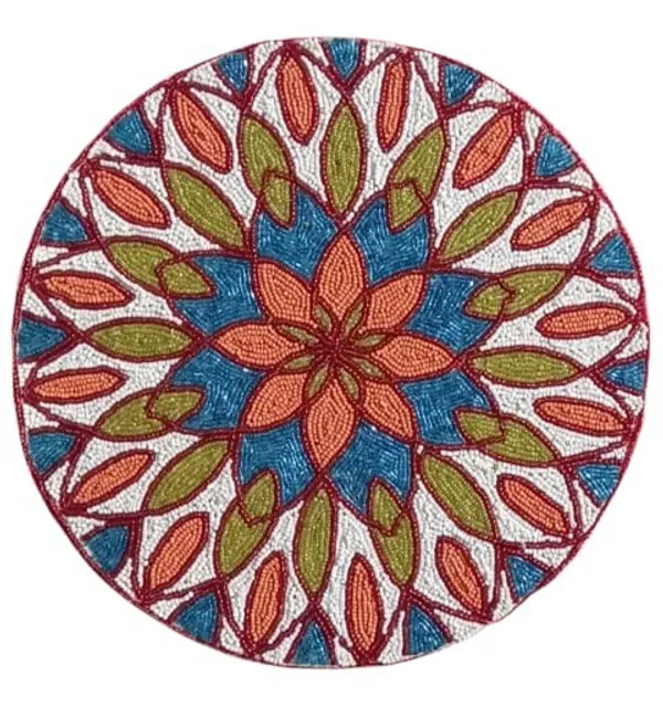 Firozi_Poleyster_Placemats,_Beaded_Design,14_Inch_Turquise_Multicolor_Round_Pattern,_Best_For_Bed-Side_Table/Center_Table,_Dining_Table/Shelves