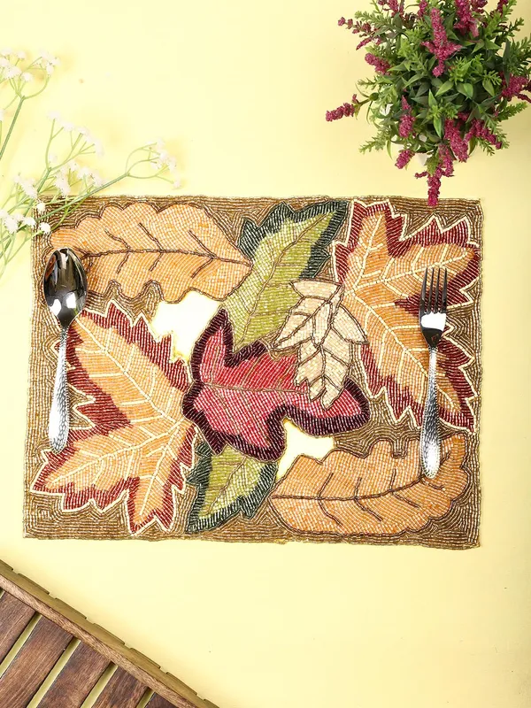 Firozi_Poleyster_Placemats,_Beaded_Design,14_Inch_Reactngle_Golden_Multicolor_Emb.Pattern,_Best_For_Bed-Side_Table/Center_Table,_Dining_Table/Shelves
