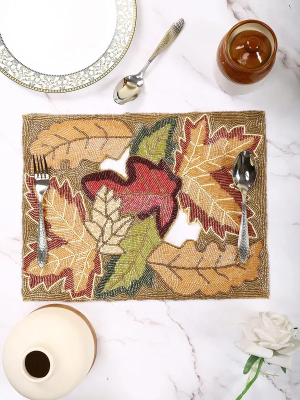 Firozi_Poleyster_Placemats,_Beaded_Design,14_Inch_Reactngle_Golden_Multicolor_Emb.Pattern,_Best_For_Bed-Side_Table/Center_Table,_Dining_Table/Shelves