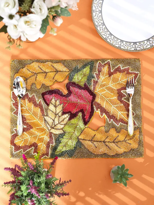Firozi_Poleyster_Placemats,_Beaded_Design,14_Inch_Reactngle_Golden_Multicolor_Emb.Pattern,_Best_For_Bed-Side_Table/Center_Table,_Dining_Table/Shelves