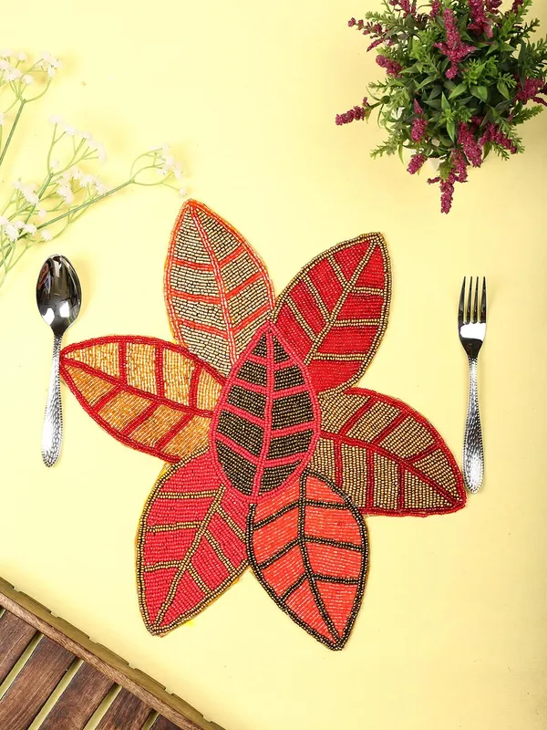 Firozi_Poleyster_Placemats,_Beaded_Design,14_Inch_Round_Maroon_Leaf_Emb._Pattern,_Best_For_Bed-Side_Table/Center_Table,_Dining_Table/Shelves