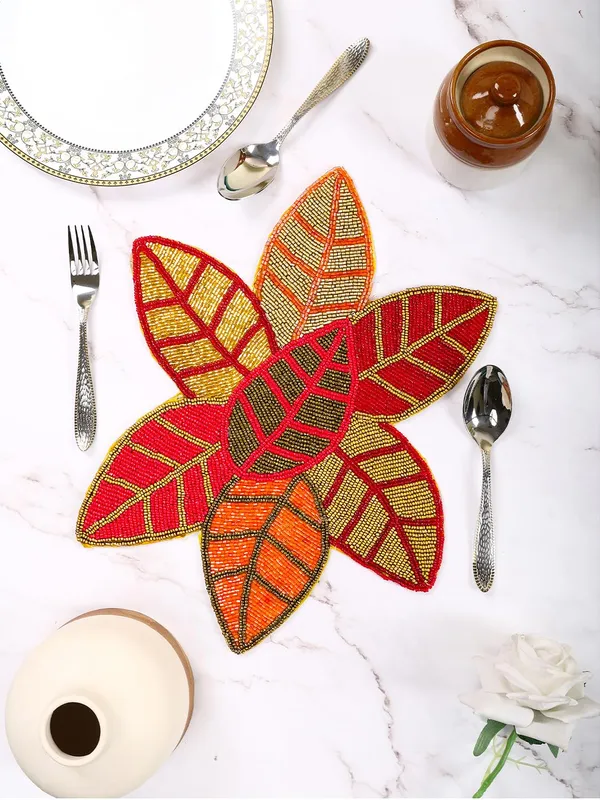 Firozi_Poleyster_Placemats,_Beaded_Design,14_Inch_Round_Maroon_Leaf_Emb._Pattern,_Best_For_Bed-Side_Table/Center_Table,_Dining_Table/Shelves