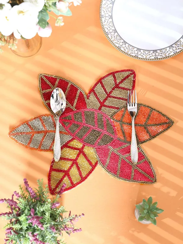 Firozi_Poleyster_Placemats,_Beaded_Design,14_Inch_Round_Maroon_Leaf_Emb._Pattern,_Best_For_Bed-Side_Table/Center_Table,_Dining_Table/Shelves