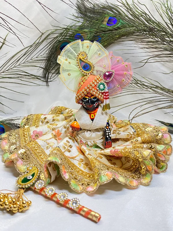Laddu_Gopal_Ivory_Floral_Embroidered_Poshak_With__Pagdi