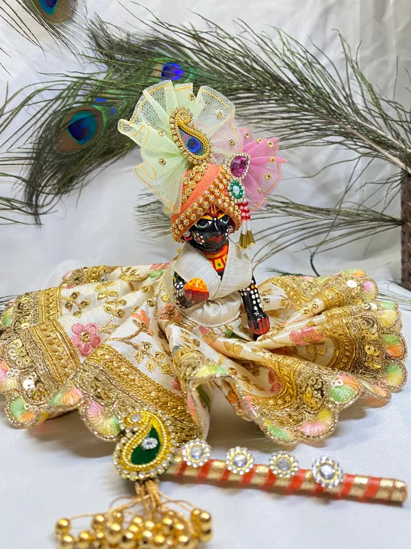 Laddu_Gopal_Ivory_Floral_Embroidered_Poshak_With__Pagdi