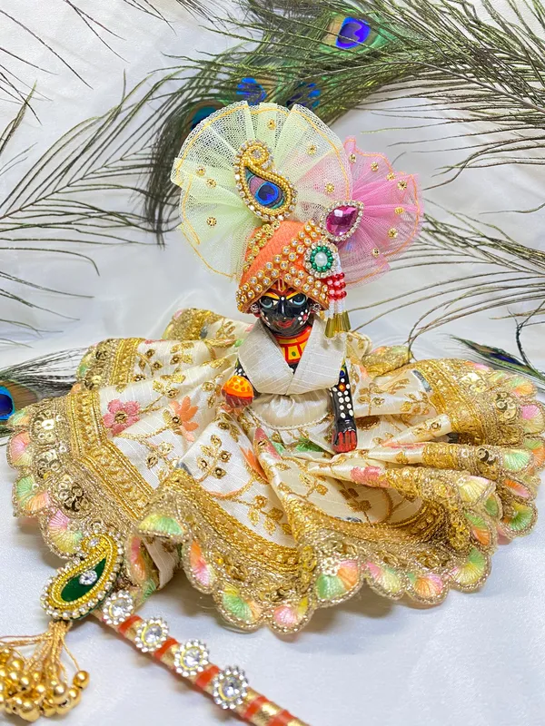 Laddu_Gopal_Ivory_Floral_Embroidered_Poshak_With__Pagdi