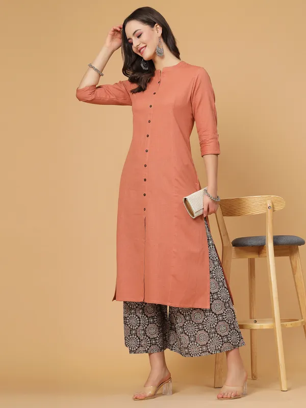 Bronze_Cotton_Solid_Kurta_With_Printed_Flair_Palazzo_Bottom_Set_(Light_Rust)