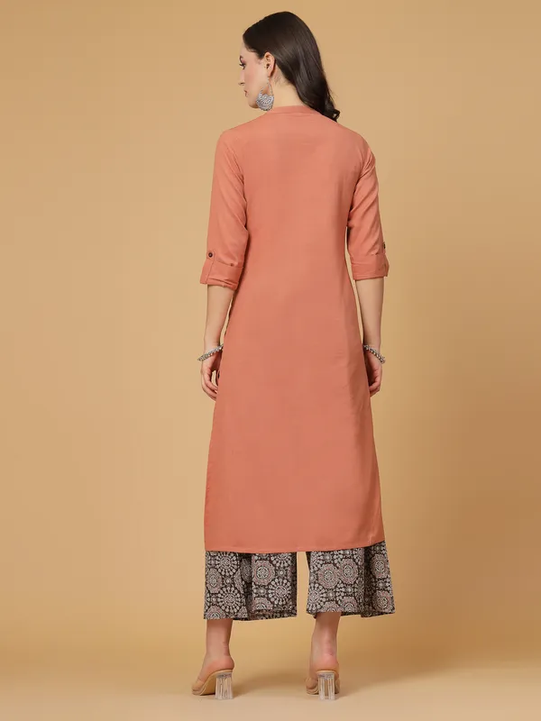 Bronze_Cotton_Solid_Kurta_With_Printed_Flair_Palazzo_Bottom_Set_(Light_Rust)