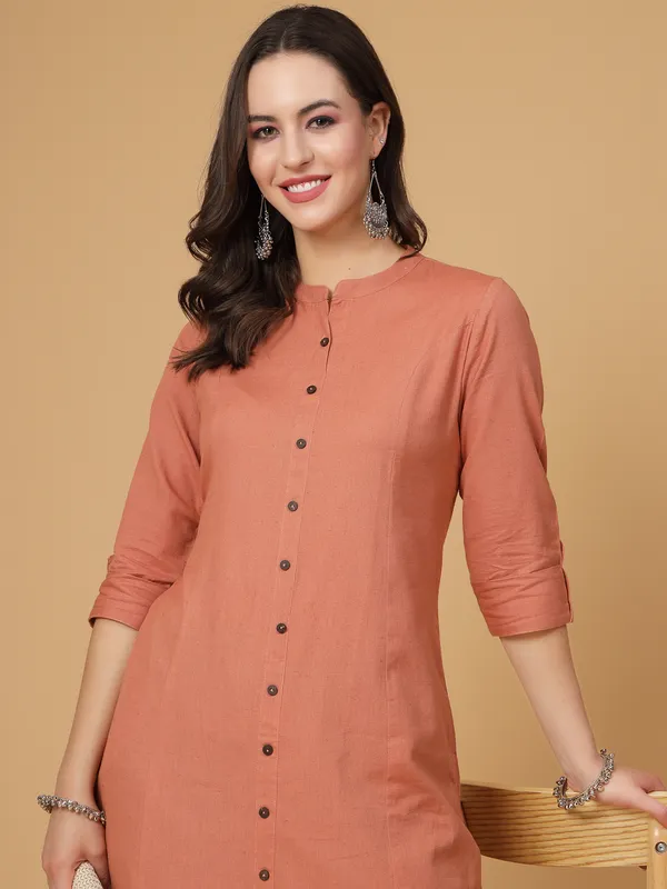 Bronze_Cotton_Solid_Kurta_With_Printed_Flair_Palazzo_Bottom_Set_(Light_Rust)