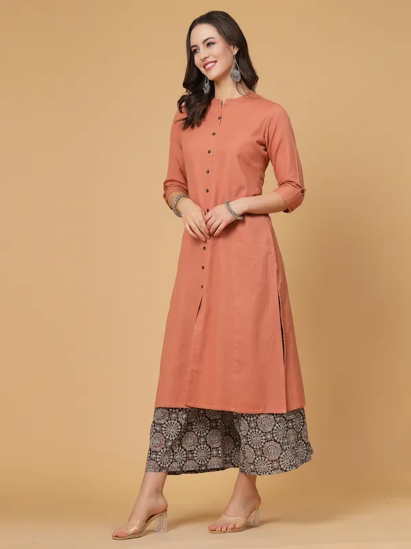 Bronze_Cotton_Solid_Kurta_With_Printed_Flair_Palazzo_Bottom_Set_(Light_Rust)