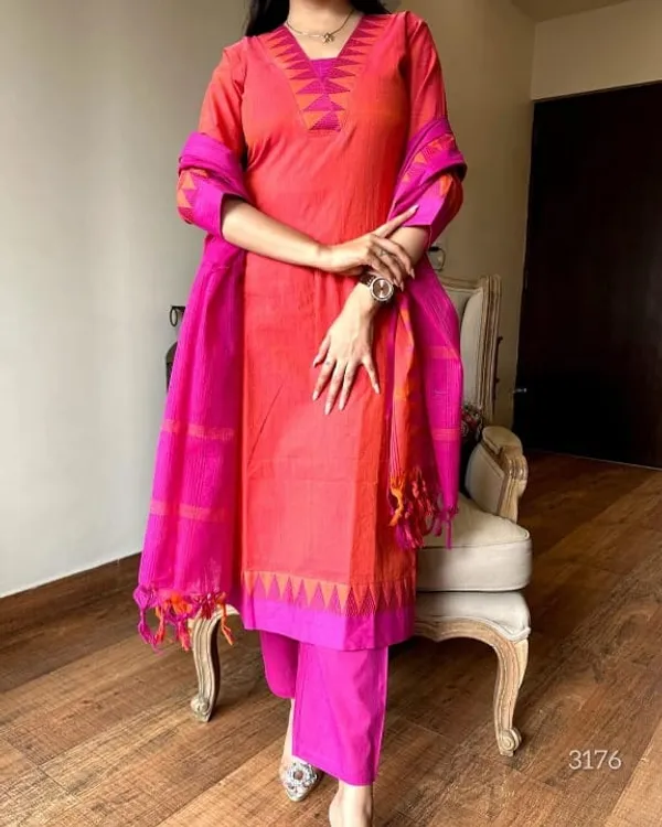 Pink_&_Orange_South_Cotton_Handloom_Kurti_Pant_With_Dupatta_Set_For_Women