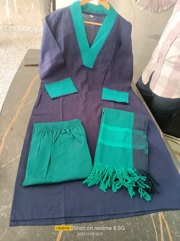 Dark_Blue_South_Cotton_Kurti_Pant_With_Dupatta_Set_For_Women