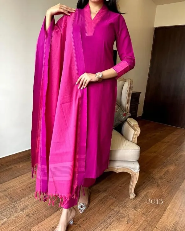Dark_Pink_South_Cotton_Kurti_Pant_With_Dupatta_Set_For_Women