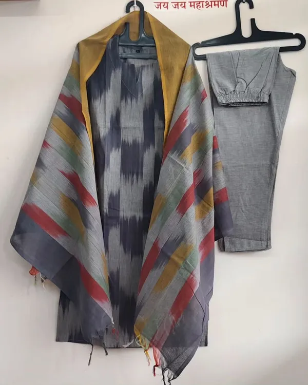 Grey_South_Cotton_Ikkat_Kurta_Pant_With_Dupatta_Set_For_Women