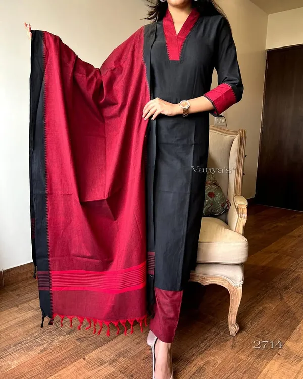 Black_cotton_handloom_kurta_pant_with_dupatta_set