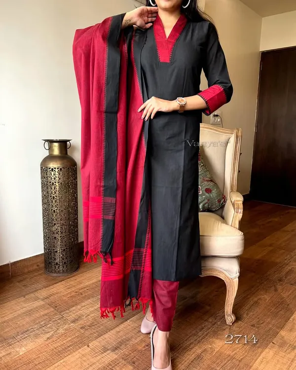 Black_cotton_handloom_kurta_pant_with_dupatta_set