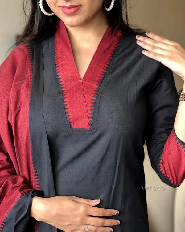 Black_cotton_handloom_kurta_pant_with_dupatta_set