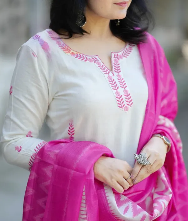 White_Cotton_Slub_Handloom_Kurta_Pant_With_Dupatta_Set_For_Women