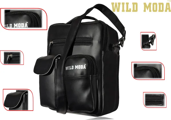 Black_Synthetic_Leather_Detachable_Strap_Zipper_Closure_Travel_Messenger_Sling_Bag_For_Men_&_Women_(30_X_26_Cm)