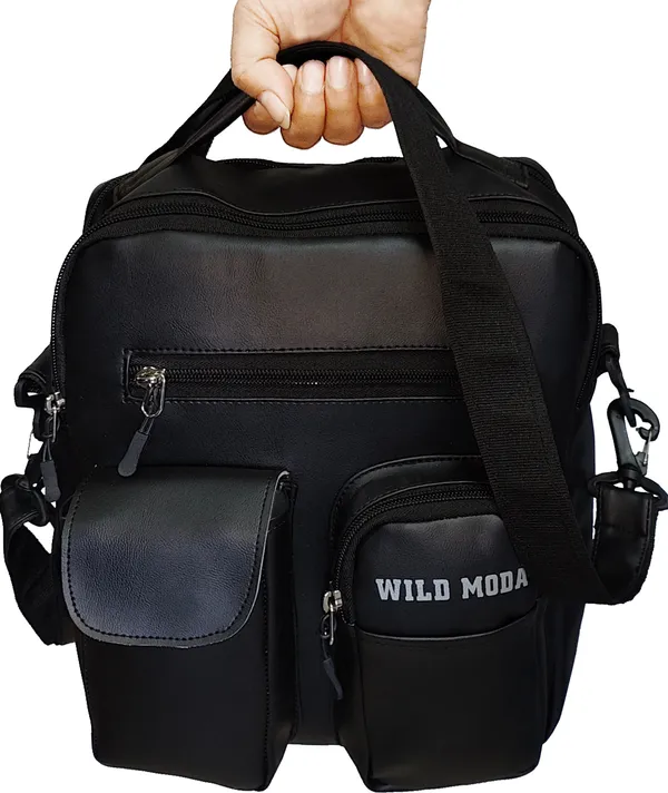 Black_Synthetic_Leather_Detachable_Strap_Zipper_Closure_Travel_Messenger_Sling_Bag_For_Men_&_Women_(30_X_26_Cm)