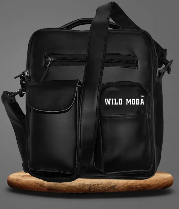 Black_Synthetic_Leather_Detachable_Strap_Zipper_Closure_Travel_Messenger_Sling_Bag_For_Men_&_Women_(30_X_26_Cm)