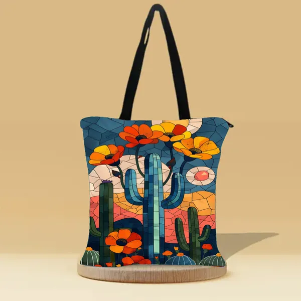 Cactus_Flower_Zipper_Tote_Bag