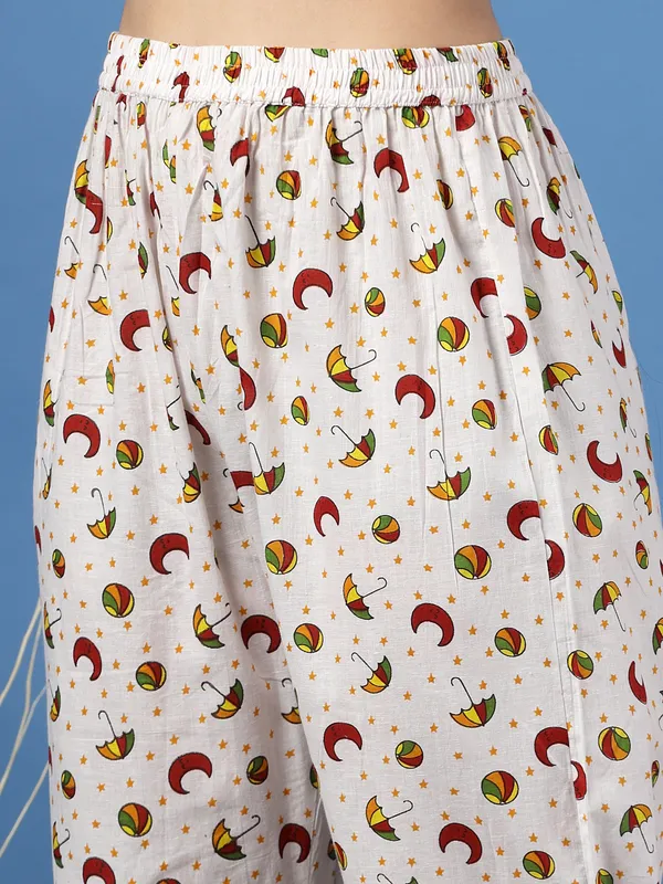 White_Cotton_Multi_Prints_1/2_Sleeves_Round_Neck_Rounded_Ankle_Length_Night_Suit_For_Women
