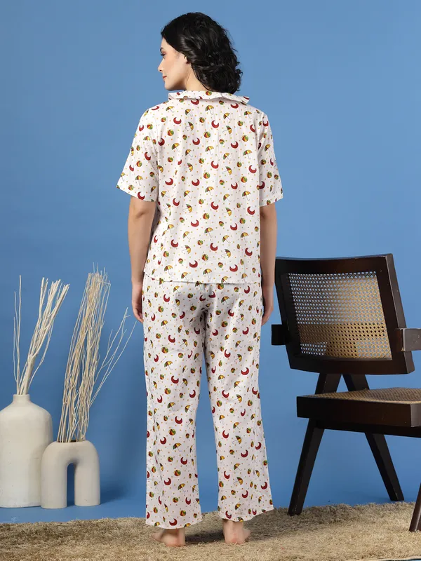 White_Cotton_Multi_Prints_1/2_Sleeves_Round_Neck_Rounded_Ankle_Length_Night_Suit_For_Women