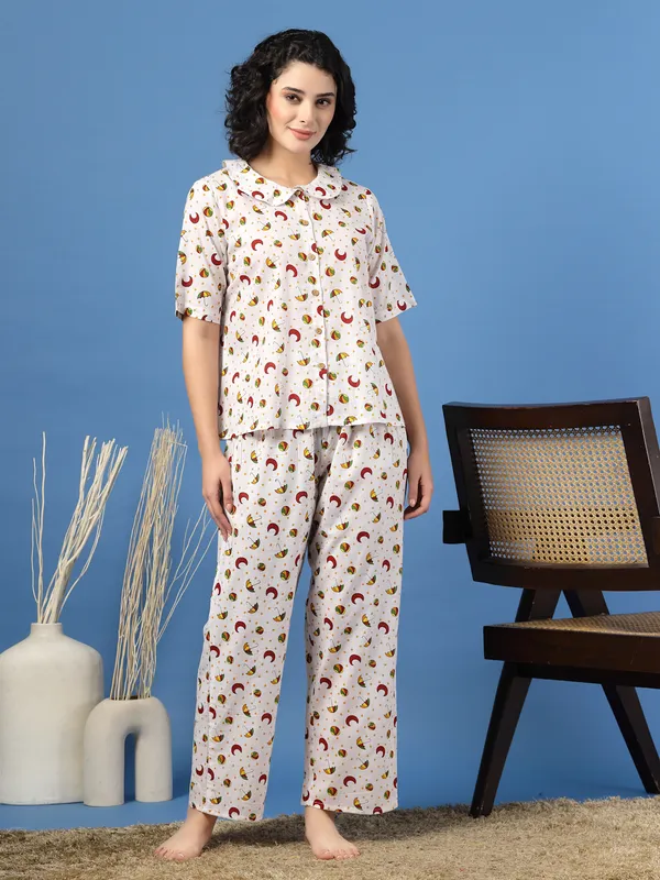White_Cotton_Multi_Prints_1/2_Sleeves_Round_Neck_Rounded_Ankle_Length_Night_Suit_For_Women