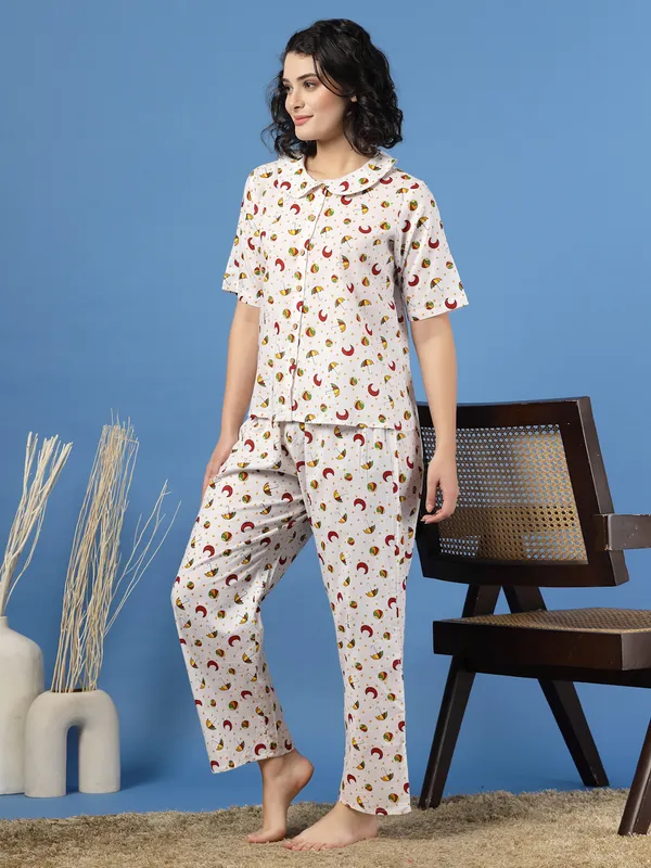 White_Cotton_Multi_Prints_1/2_Sleeves_Round_Neck_Rounded_Ankle_Length_Night_Suit_For_Women
