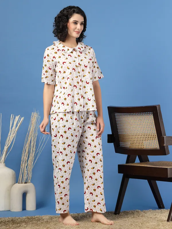 White_Cotton_Multi_Prints_1/2_Sleeves_Round_Neck_Rounded_Ankle_Length_Night_Suit_For_Women