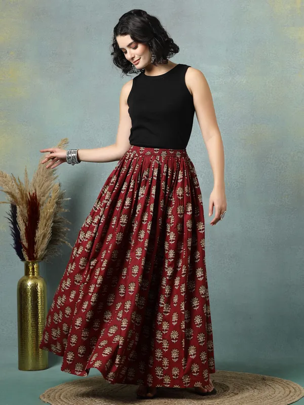 Maroon_Cotton_Procian_Print_Rounded_Ankle_Length_Skirts_For_Women
