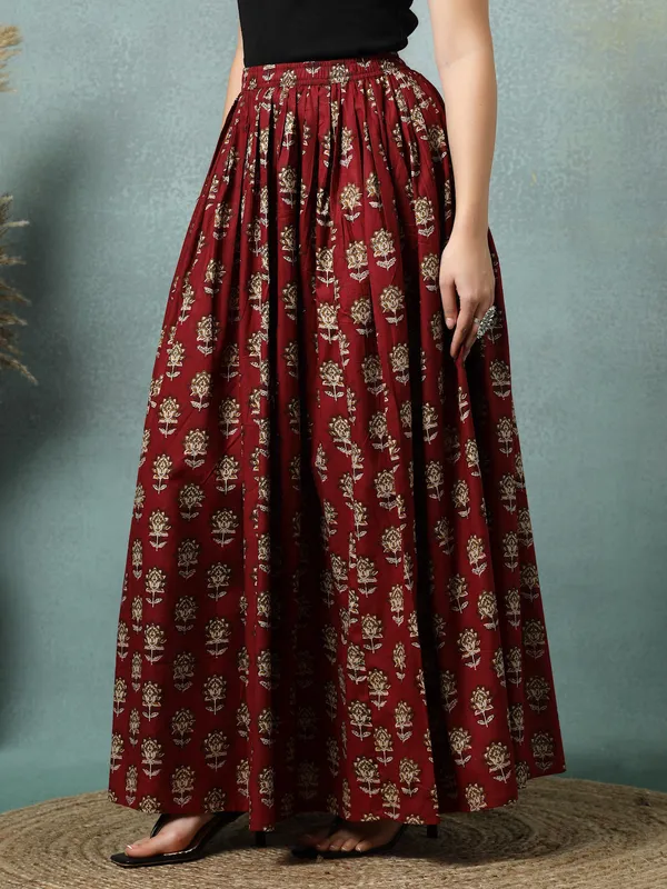 Maroon_Cotton_Procian_Print_Rounded_Ankle_Length_Skirts_For_Women