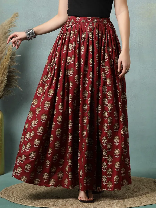 Maroon_Cotton_Procian_Print_Rounded_Ankle_Length_Skirts_For_Women