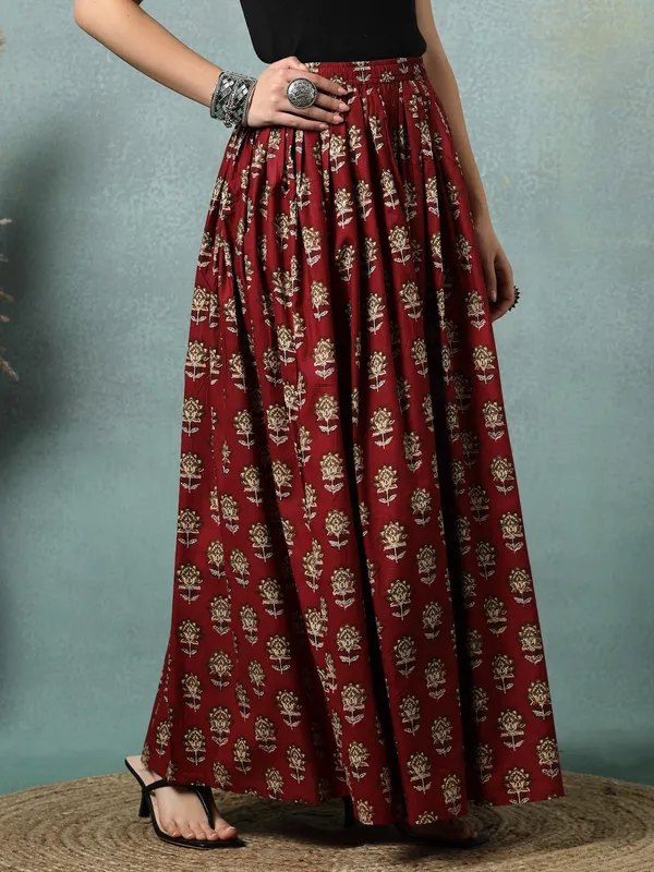 Maroon_Cotton_Procian_Print_Rounded_Ankle_Length_Skirts_For_Women
