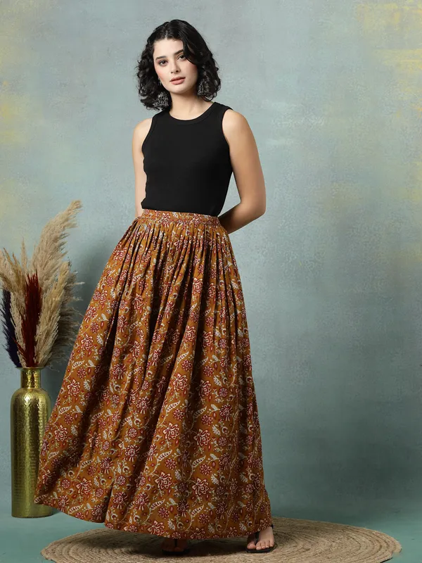 Brown_Cotton_Procian_Print_Rounded_Ankle_Length_Skirts_For_Women