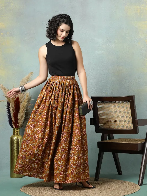 Brown_Cotton_Procian_Print_Rounded_Ankle_Length_Skirts_For_Women