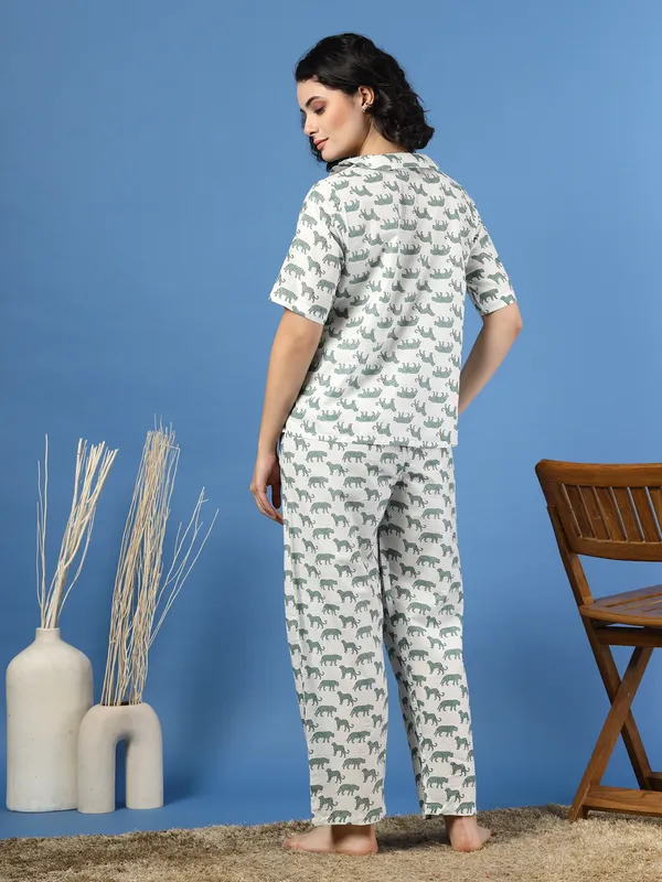 White_Cotton_White_Procaian_Print_1/2_Sleeves_Round_Neck_Regular_Ankle_Length_Night_Suit_For_Women