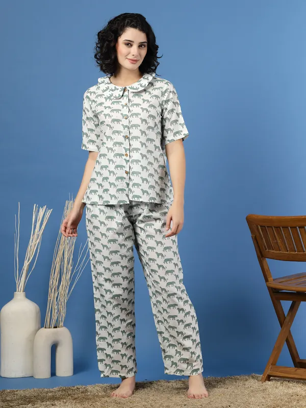 White_Cotton_White_Procaian_Print_1/2_Sleeves_Round_Neck_Regular_Ankle_Length_Night_Suit_For_Women