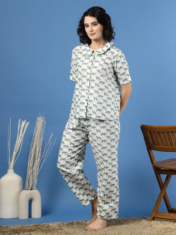 White_Cotton_White_Procaian_Print_1/2_Sleeves_Round_Neck_Regular_Ankle_Length_Night_Suit_For_Women
