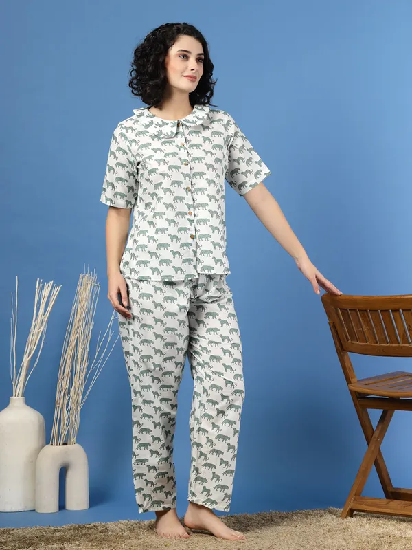 White_Cotton_White_Procaian_Print_1/2_Sleeves_Round_Neck_Regular_Ankle_Length_Night_Suit_For_Women